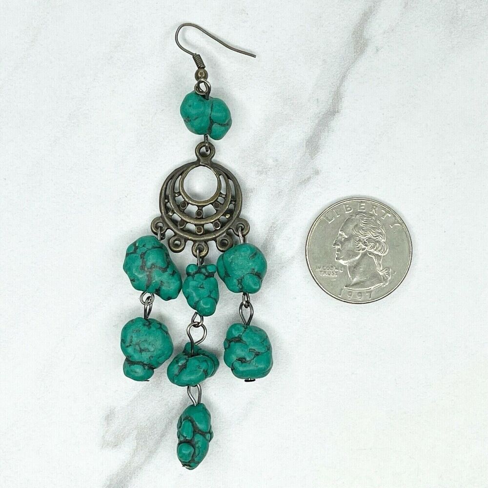 Faux Turquoise Beaded Chandelier Chunky Earrings Pierced Pair - Picture 3 of 5
